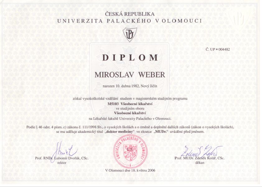 MUDr. Miroslav Weber - diplom